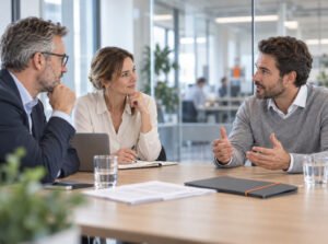 Commercial Director candidate speaking with two representatives of a technical B2B company in a bright meeting room