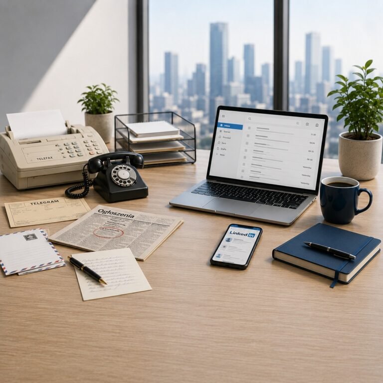 Desk with fax machine, phone, laptop and LinkedIn screen showing how communication in recruitment has changed