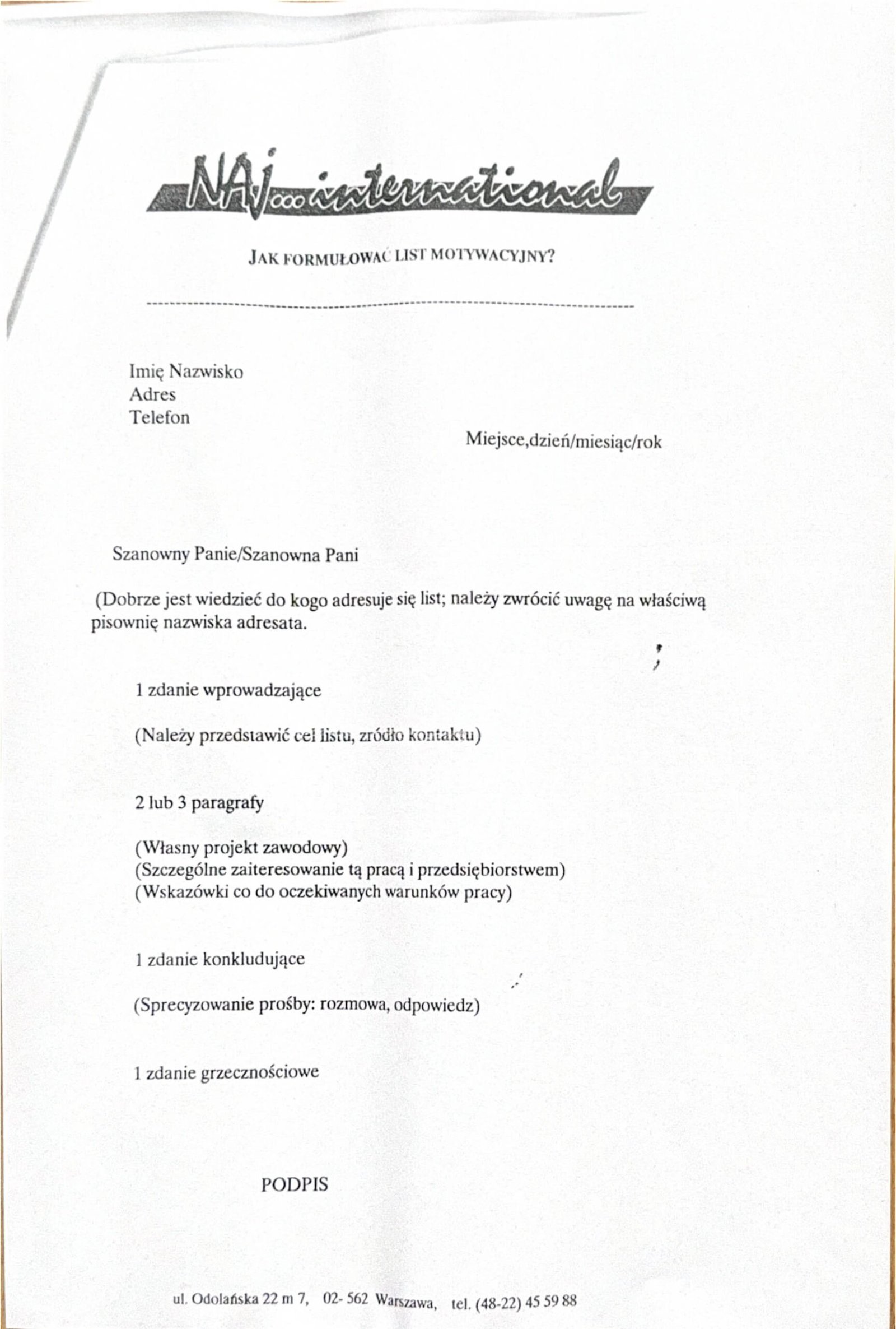 Archival NAJ International template showing a cover letter structure: candidate details, opening, main paragraphs, closing and signature.