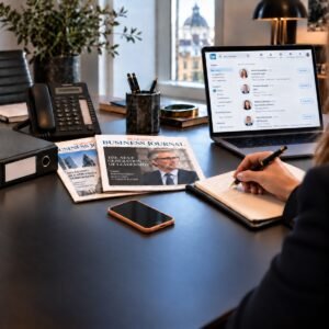 Biurko konsultanta executive search z telefonem stacjonarnym, prasą branżową, laptopem z wyszukiwarką kandydatów i smartfonem.