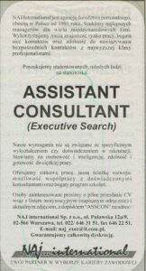 Archival NAJ International job advertisement from 1998 for an Assistant Consultant role in Executive Search
